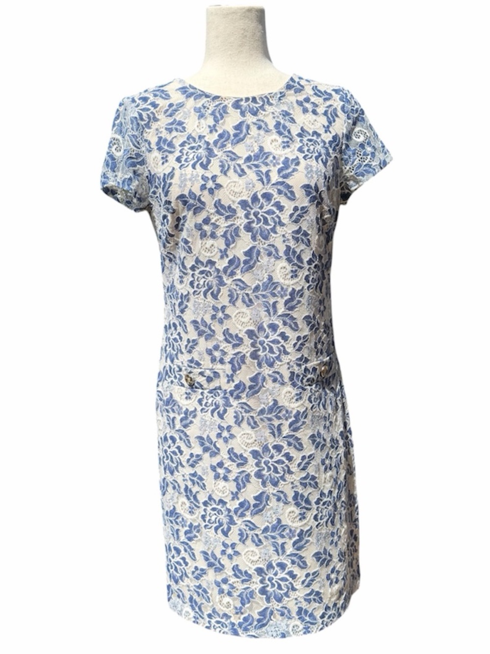 Tommy Hilfiger Blue White Floral Lace Shift Dress w pockets, short sleeve 4